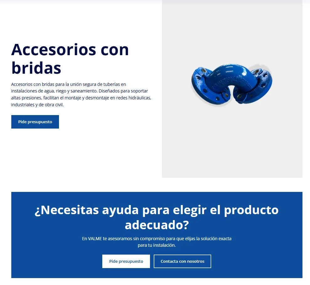 Página de la familia «Accesorios con bridas» en valmevm.com