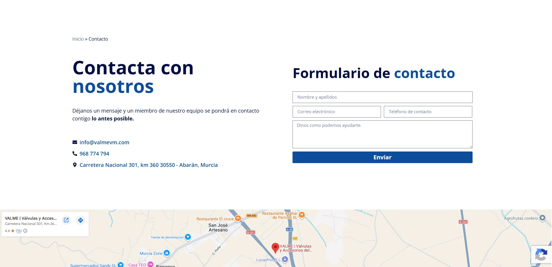 Información técnica de un producto en valmevm.com: normas de referencia y tabla dimensional