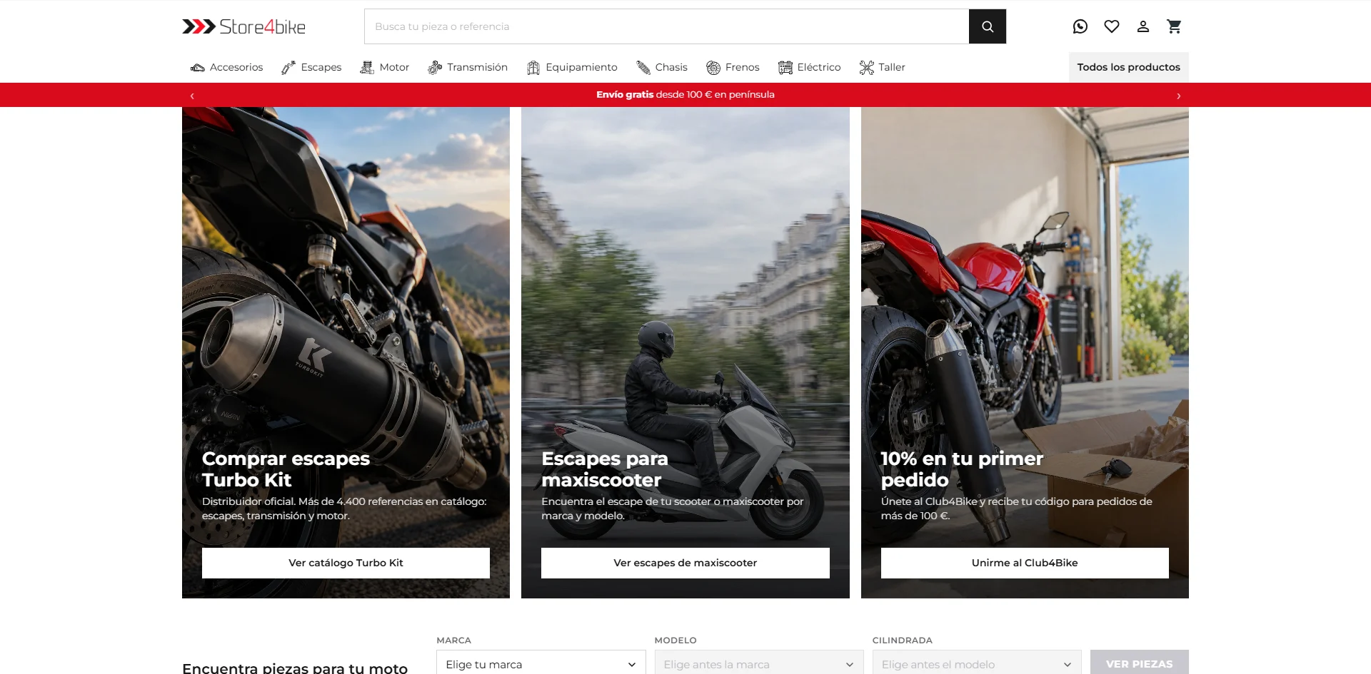 Home de Store4Bike con el buscador por referencia, el menú por categorías y el selector de marca, modelo y cilindrada