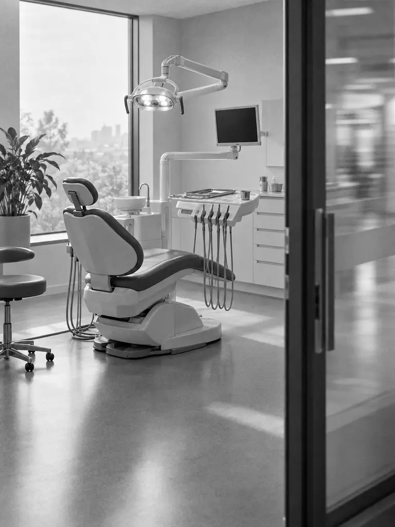 Gabinete dental vacío con el sillón y la lámpara
