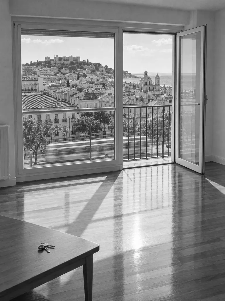 Salón vacío de un piso en venta con vistas a la ciudad