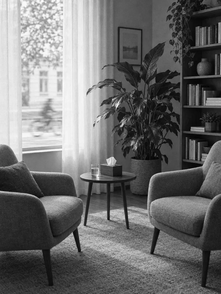 Consulta de psicología con dos sillones y luz de tarde